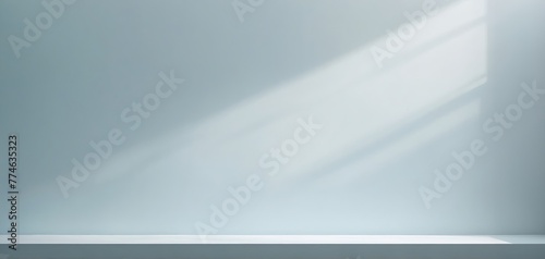 Minimal abstract light blue background for product presentation. Shadow and light from windows on plaster wall, Ideal for showcasing various products. Website header with copy space. Generative AI