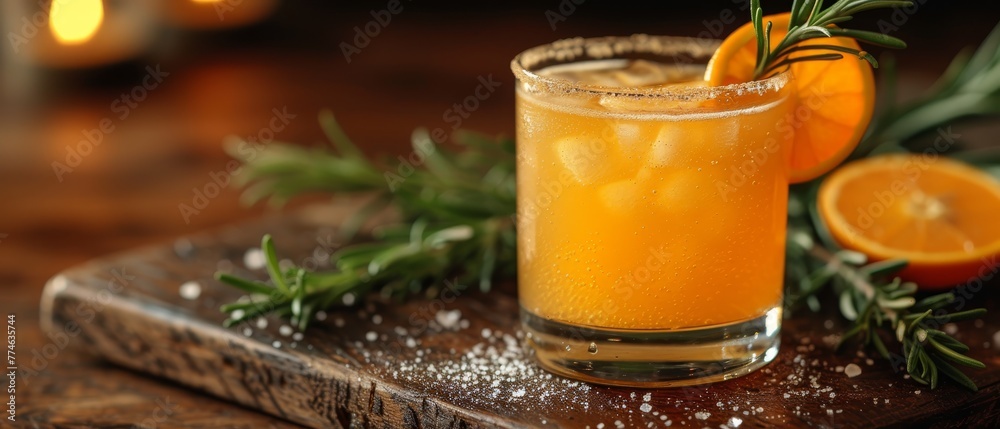 A glass of orange juice garnished with a sprig of rosemary and an orange slice on a cutting board A glass of orange juice garnished with a sprig of rosemary and an orange slice on a cutting board
