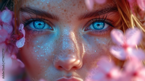  A tight shot of a woman's face, her blue eyes sparkling, adorned with the distinctive sprinkling of freckles