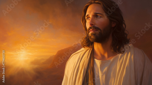 Embrace tranquility with this serene sunset portrait of Jesus Christ. Ideal for bringing a touch of peace and spirituality to any setting, perfect for religious and inspirational publications. © Farnaces