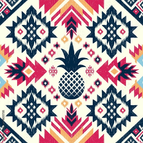 Seamless ethnic ikat pattern, fruit, pineapple, and local culture, ideal for backgrounds, wallpapers, and textiles. Embodies traditional embroidery in an image illustration for versatile design uses.