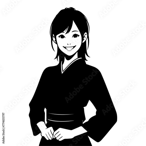 A minimal Woman, girl, standing and smiling vector art silhouette black color 14