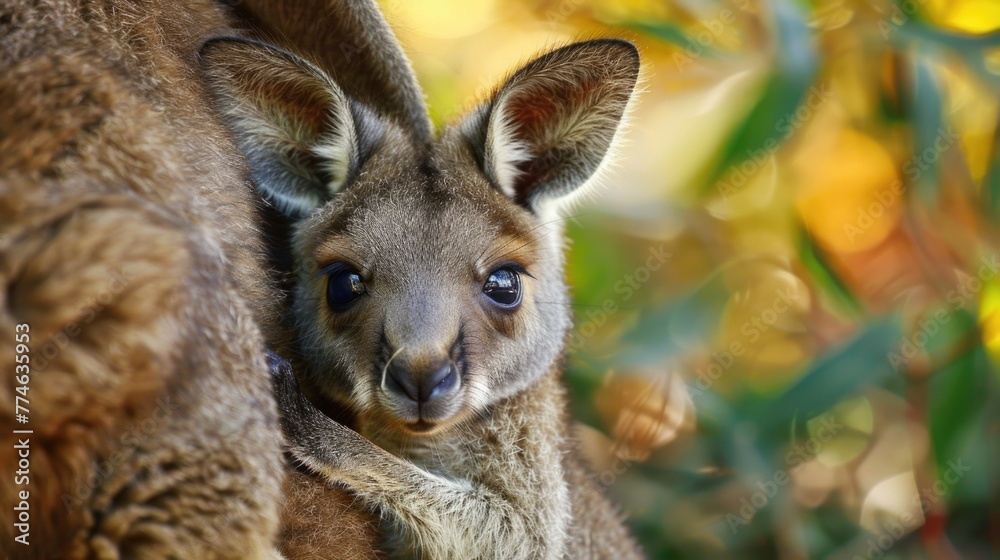 Kangaroo joey peeking from mother's pouch.