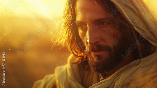 Embrace tranquility with this serene sunset portrait of Jesus Christ. Ideal for bringing a touch of peace and spirituality to any setting, perfect for religious and inspirational publications.