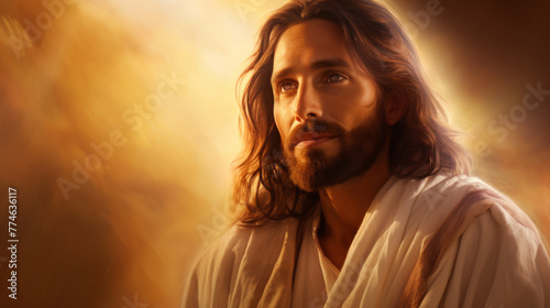 Embrace tranquility with this serene sunset portrait of Jesus Christ. Ideal for bringing a touch of peace and spirituality to any setting, perfect for religious and inspirational publications.