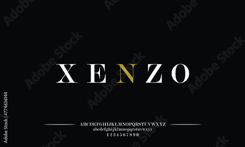 Xenzo is Elegant alphabet letters font set. Classic Custom Lettering Designs for logo, Poster. Typography fonts classic style, regular uppercase, lowercase and number. vector illustration photo