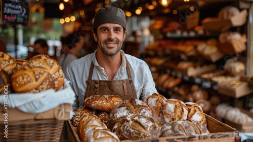 Baker holding a crate of fresh baked bread in a bakery.