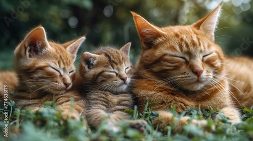   Three kittens rest together on a verdant grassy expanse, surrounded by trees in the backdrop