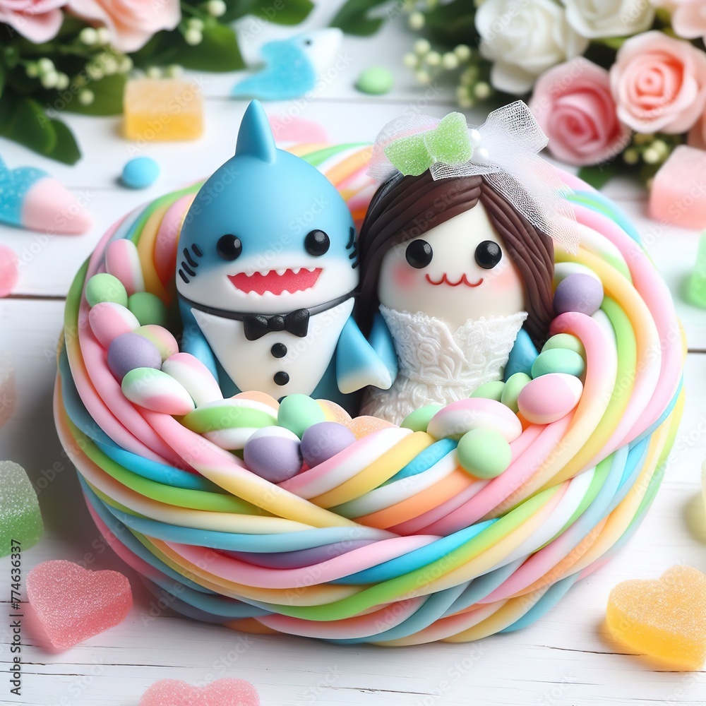 a couple wedding shark  in nest made of pastel color rainbow gummy candy on a white background