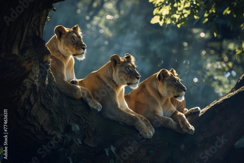  A group of lions sits atop a tree branch, overlooking a lush, green forest teeming with numerous trees