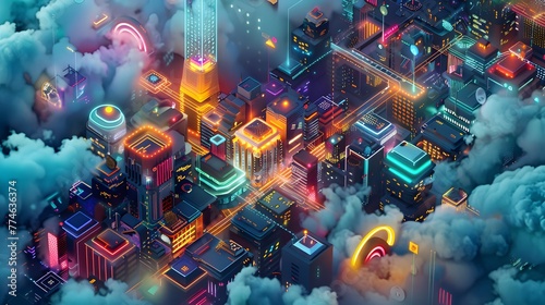 Neon-lit futuristic cityscape with cloud-level skyscrapers illuminated by dynamic light trails and holographic projections against a twilight sky