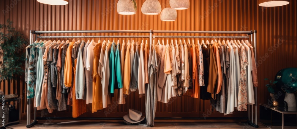 A variety of garments displayed on a rack positioned in a room, showcasing different styles and colors
