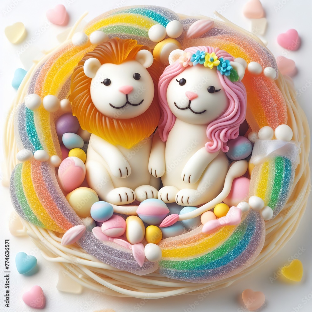 Obraz premium a couple wedding tiger, Lion in nest made of pastel color rainbow gummy candy on a white background