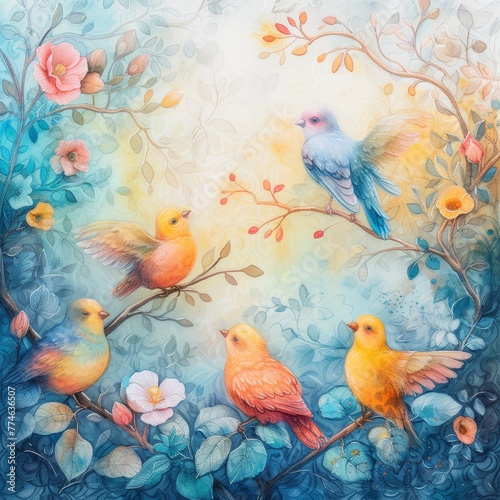   A painting of birds perched on a tree branch  encompassed by flowers and foliage  against a backdrop of a blue sky