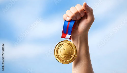 hand holding gold medal, no. 1 position, stadium, sky background, award and victory concept  photo