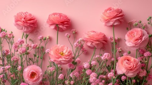  Pink flowers populate a pink backdrop, their green stems contrasting sharply in the foreground