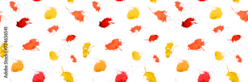 Strokes of yellow and red paint on a white background. Wrapping paper with small watercolor dots painted on with a brush. Abstract geometric grunge vector texture painted with ink