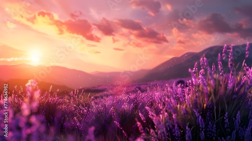 Lavender flower field. Violet lavender field sanset close up. Lavender flowers in pastel colors at blur background. Nature background with lavender in the field Ai generated  photo