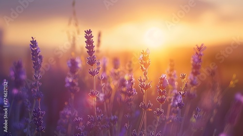 Lavender flower field. Violet lavender field sanset close up. Lavender flowers in pastel colors at blur background. Nature background with lavender in the field Ai generated 