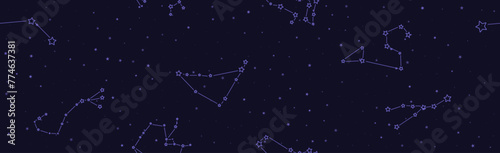Tarot seamless pattern with blue constellations and stars on a dark background. Mystical esoteric boho background for astrology wrapping paper. Vector illustration of decorative ornament.