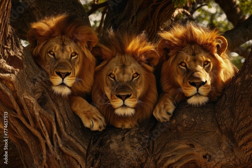   Three lions relaxing in a tree  heads atop branches  gazing at the camera