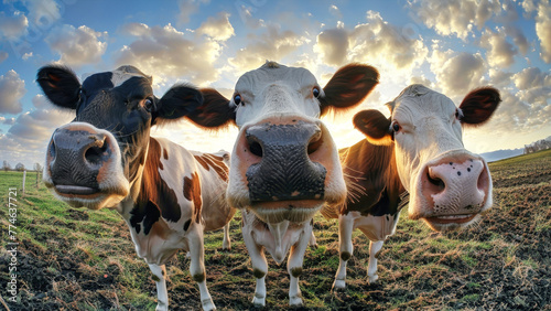 A group of elegant cows, with their distinctive black and white markings, peacefully graze in a vast green field under the open sky photo