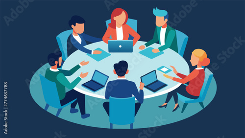 A group of colleagues sitting around a circular table all focused on a central screen where they are sharing and collaborating on a project in