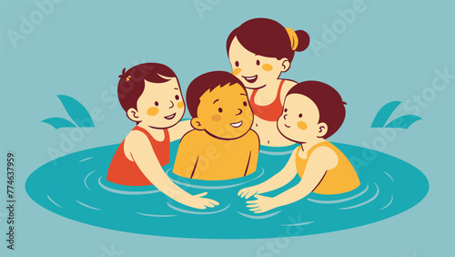 A sketch of two siblings playing in a pool with the younger one clinging onto the older ones back. The image captures the care and guidance