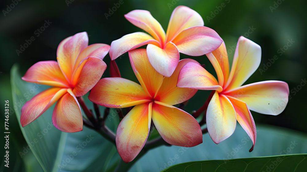 close up pink plumeria rubra frangipani flower branch on blurred green background.