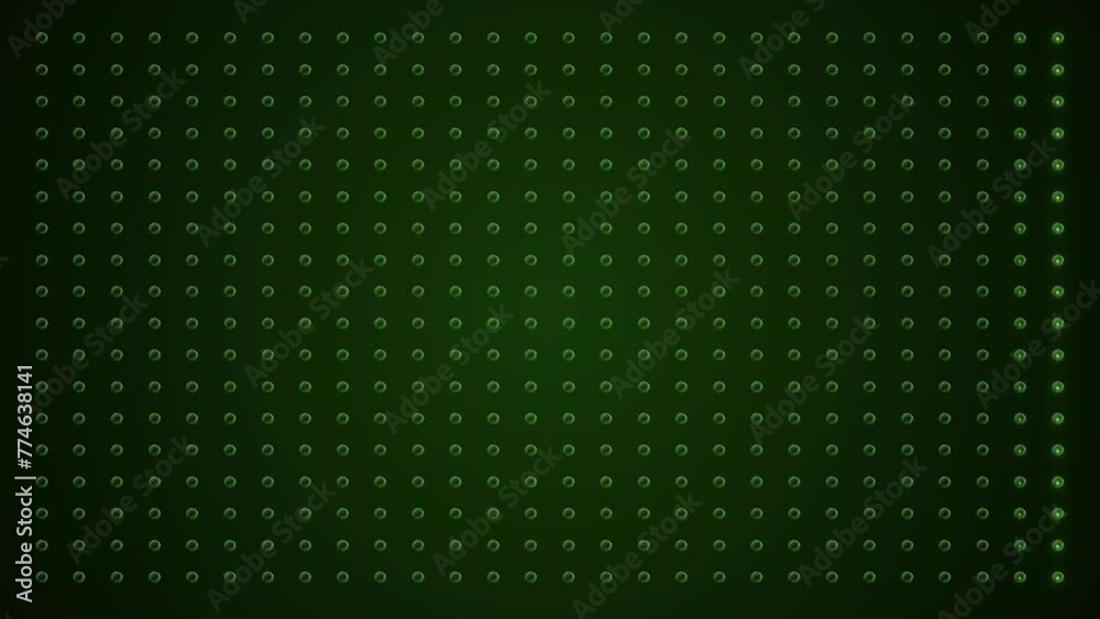 Video animation of an abstract glowing green LED wall with bright light bulbs - abstract background.