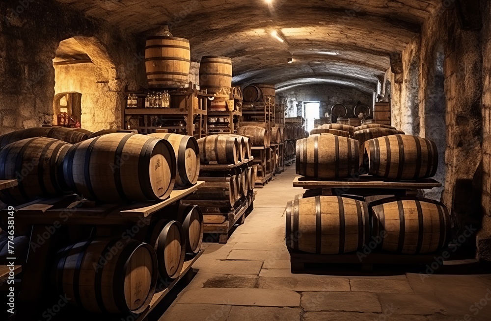 Old cellar with bottles and barrels under castle making wine