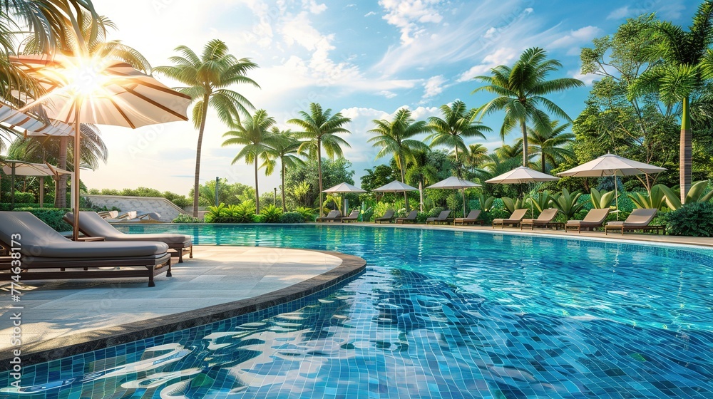 Beautiful landscape of outdoor swimming pool in hotel resort  ,Generative ai,