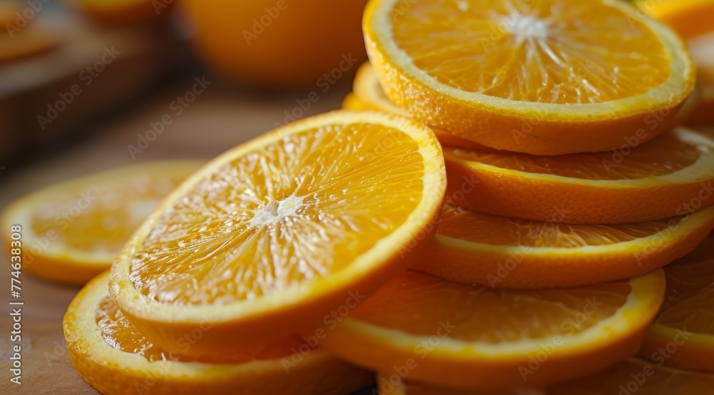 A wood table holds a pile of sliced oranges, adjacent to oranges on a cutting board A wood table holds a pile of sliced oranges, adjacent to oranges on a cutting board