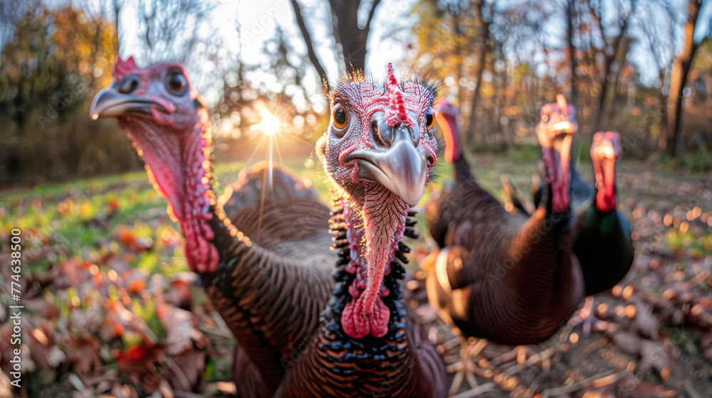 A group of elegant turkeys standing closely together in a harmonious display of togetherness and beauty