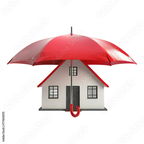 Red umbrella protecting house model isolated on transparent background