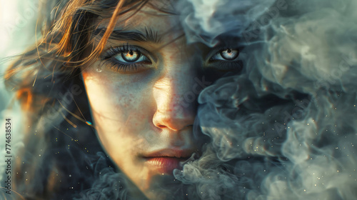 Young Woman With Blue Eyes Surrounded by Smoke