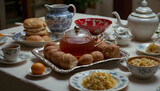 A table set with tea and rolls.

