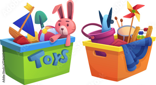 Kid toys in box - plastic container with child plush rabbit and sailboat, music drum and spinning, ball and sand bucket. Cartoon vector illustration set of playthings pile for storage or donate.