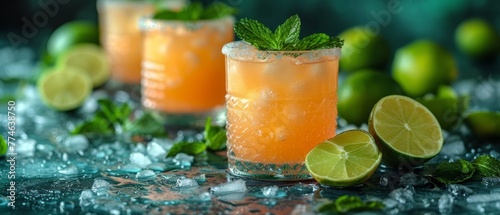   A tight shot of two glasses  each holding a lime and a sprig of mint  placed on a table