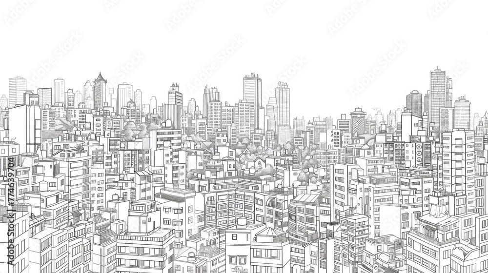 Black and white sketch of a cityscape with various buildings and urban details.