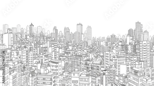 Black and white sketch of a cityscape with various buildings and urban details.