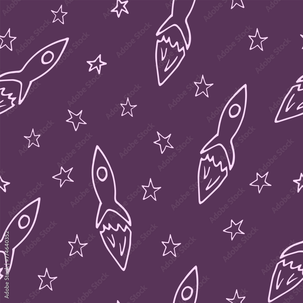 rocket flies among the stars seamless pattern. hand drawn doodle style.
