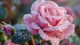 Pink rose flower with water drops. Water drops on rose. Flower background 