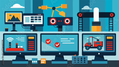 A series of computer screens showing live video feed and control options for remote operation of machinery in a bustling factory setting.