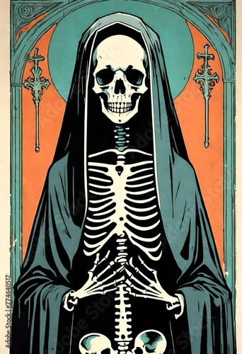 a neo classical illustration, art nouveau, a skeleton skull dressed like a nun, screen printing, gig poster.   photo
