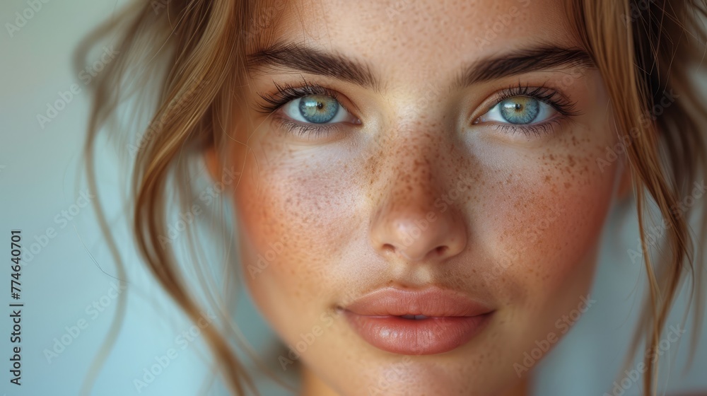 A close-up of a woman's face with freckled skin on her forehead and around her eyes A close-up of a woman's face with freckled skin on her forehead and around her eyes