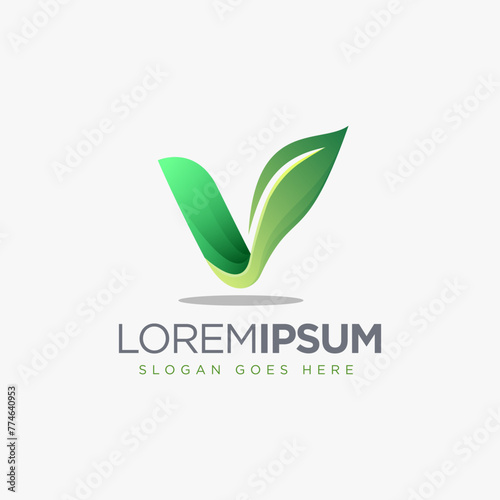 Letter v leaf logo icon with 3d gradient style
