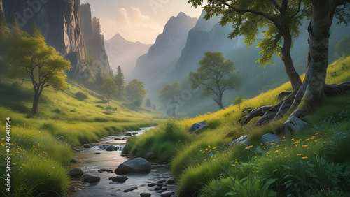 Serene Mountain Valley with Flowing Stream at Sunrise