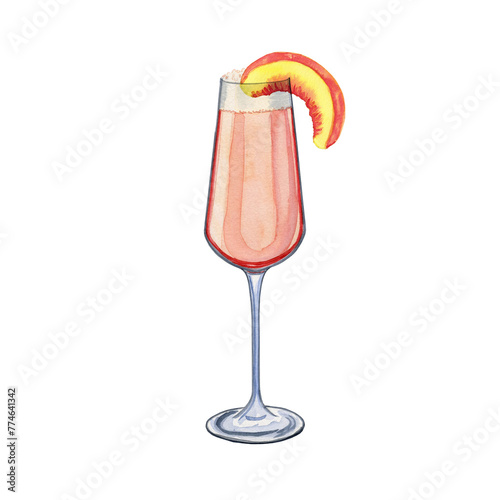 Bellini cocktail watercolor illustration. Hand drawn image of an alcoholic drink in a glass garnished with a piece of peach on an isolated background. For menu and bar design.