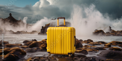 Yellow travel suitcase near the eruption of geysers. Tourist season advertising banner layout.